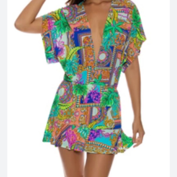 NWT Lulu Fama -Orange and Green Plunge Neck Flutter Sleeve Sundress - Picture 2 of 9